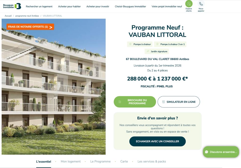 Vauban Littoral. 67 bd. Val Claret 06600 Antibes. Site web Bouygues Immobilier.