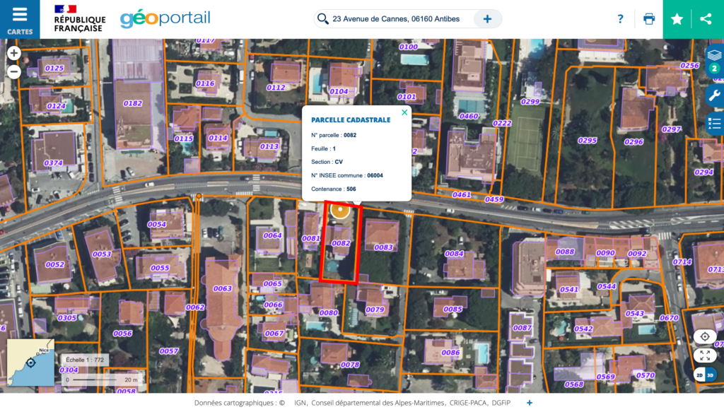 23 avenue de Cannes 06160 Antibes Juan-les-Pins. Blue Juan. Avril 2026. Cadastre