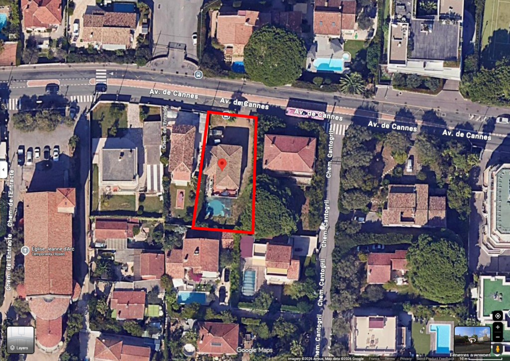 23 avenue de Cannes 06160 Antibes Juan-les-Pins. Blue Juan. Avril 2026. Vue satellite
